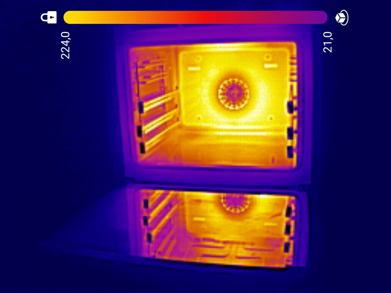 Horno abierto visto con cámara térmica para explicar pérdida de calor y consumo