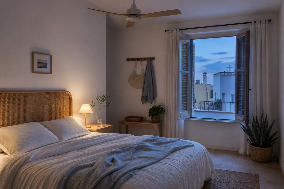 Dormitorio ventilado al anochecer para dormir con calor sin aire acondicionado