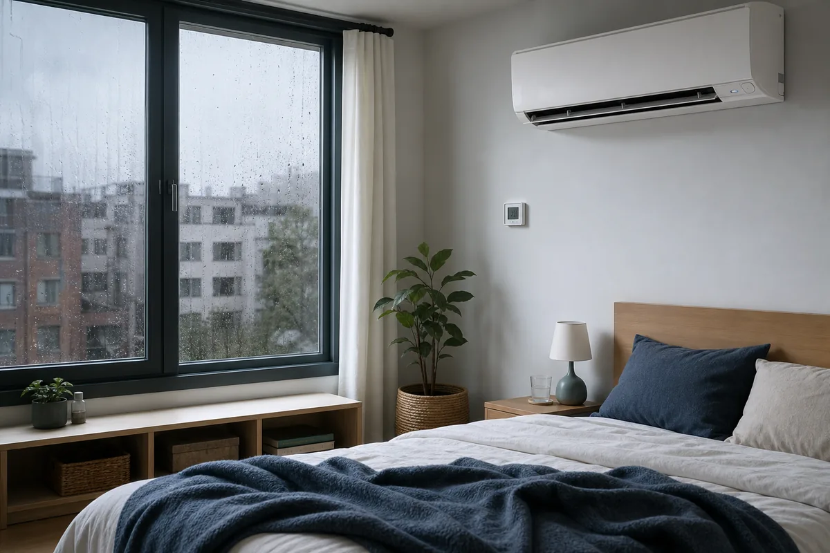 Aire acondicionado en modo dry durante un día húmedo de invierno